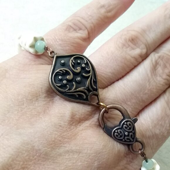 Green Aventurine & Ornate Copper Bracelet ~ Easy Open Clasp ~ Prosperity & Luck! - Picture 6 of 8